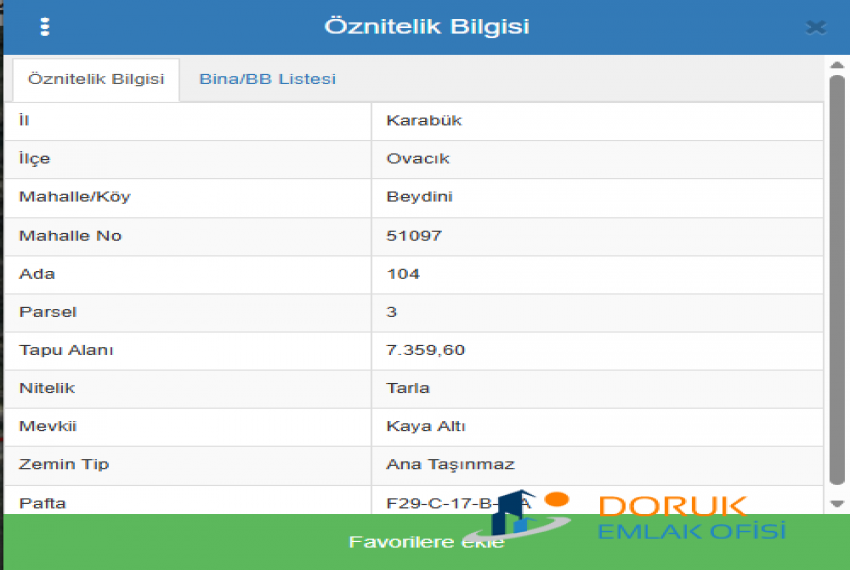 Doruk Emlak Ofisi > DORUK EMLAK'TAN KARABÜK OVACIK'TA 170 METRE YOL CEPHELİ 7.359 M2 ARSA
